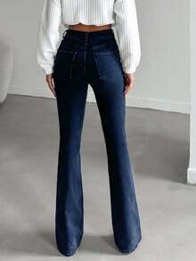 SHEIN Tall 95%棉 女士休闲高腰喇叭牛仔裤 - 深色水洗藍 - 查看 2