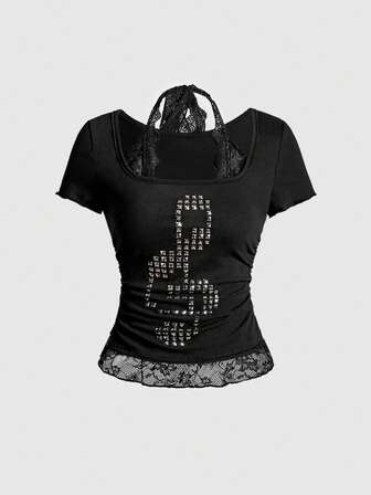 ROMWE Avant Camiseta de mujer con cuello halter, con parches de encaje vintage, notas musicales y decoración de lentejuelas