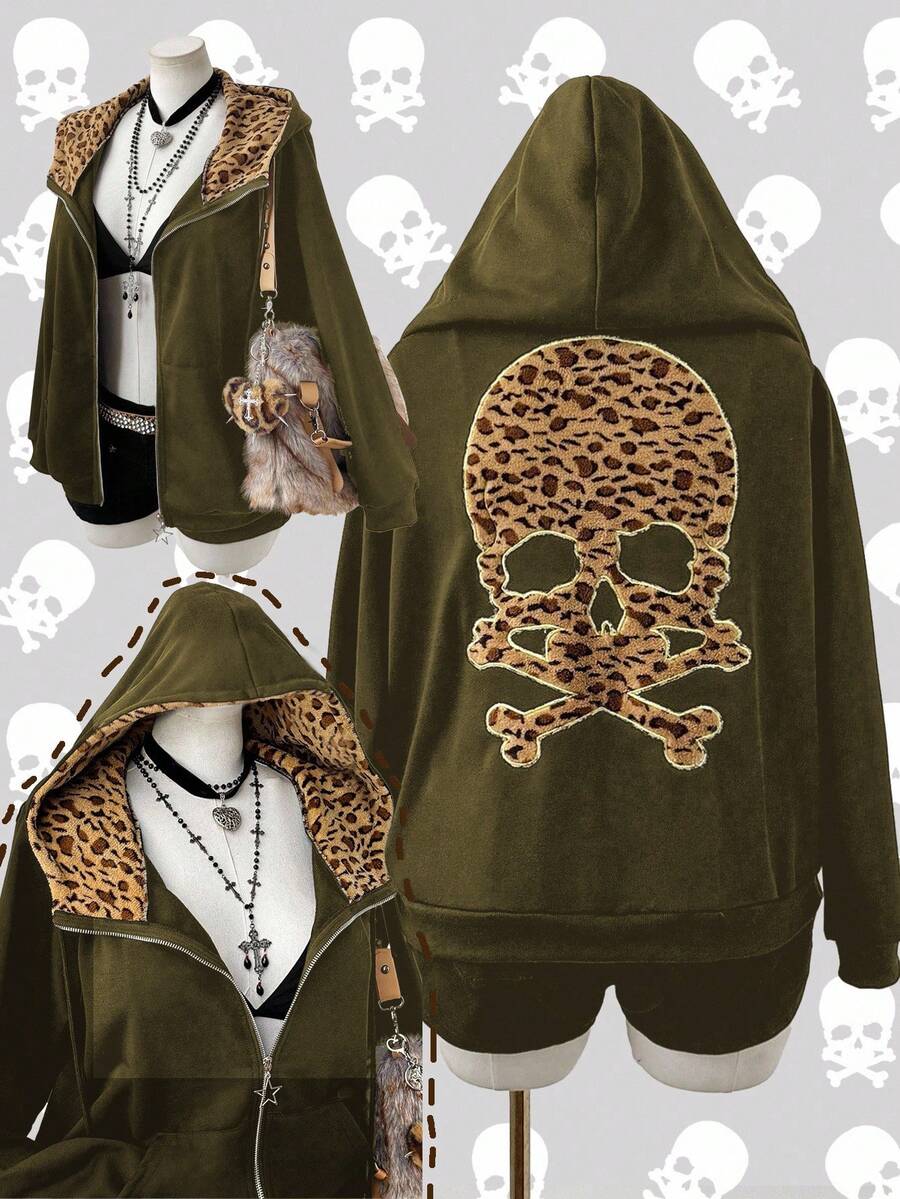 Sunspun 大码时尚骷髅豹纹印花长袖金属拉链卫衣 - 軍綠色 - 查看 1