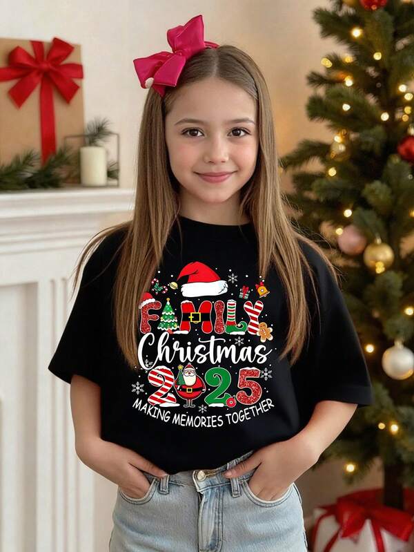 Reset Phase Merry Christmas Tween Girls Casual Fashion Creative Cartoon Cute Kawaii Colorful Christmas Atmosphere Magic Wand Santa Claus Graphic Slogan Print Relaxed Fit Short Sleeve T-Shirt, Suitable For Christmas Party