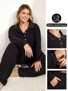 Momelise Plus Size Casual Loose Comfortable Half-Zip Collar Long Sleeve Top And Straight Leg Pants 2 Pieces Set For Women