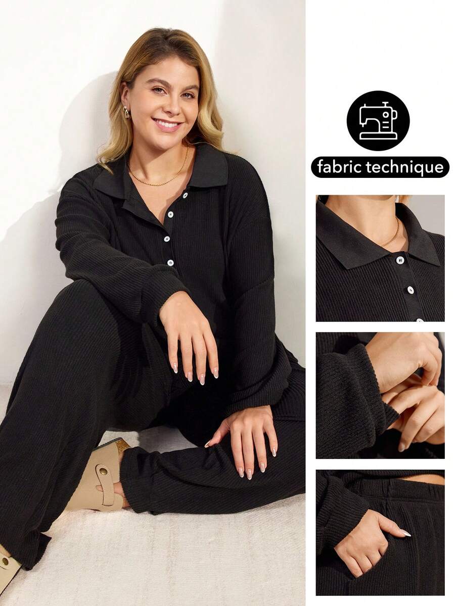 Momelise Plus Size Casual Loose Comfortable Half-Zip Collar Long Sleeve Top And Straight Leg Pants 2 Pieces Set For Women