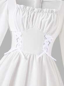 Tween Girls Elegant White Autumn Party Dress,Sweet Square Neck Puff Long-Sleeved Ruffled Hem Mid-Length Open Back Dress For Spring/Fall Daily Wear - Apricot - View 6