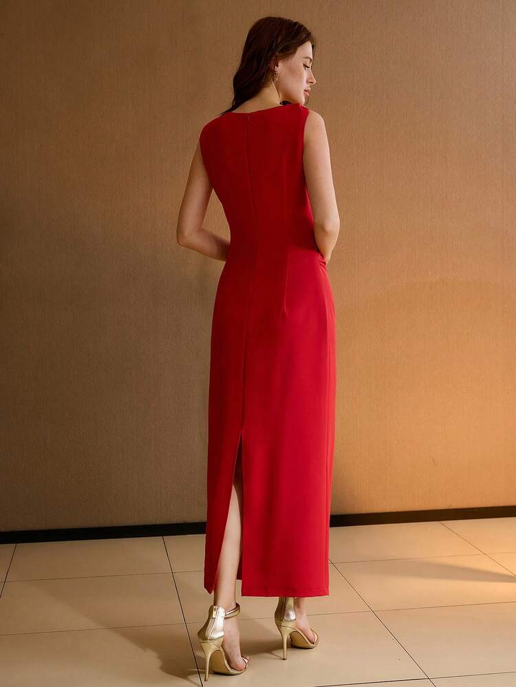 METAL ASYMMETRICAL SHOULDER SPLIT HEM RUCHED SLIM FIT DRESS