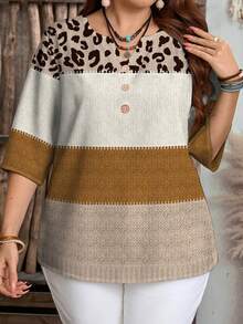 EMERY ROSE Plus Size Casual Minimalist Full-Width Shirt,  Leopard Print,Spring/Summer/Vacation - Multicolor - View 4