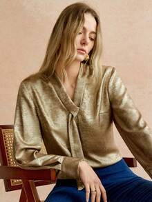 Chiquease Blusa de manga acampanada con escote en V, estilo minimalista y elegante con lámina dorada, para uso diario y fiestas, otoño - Marrón - Ver 4