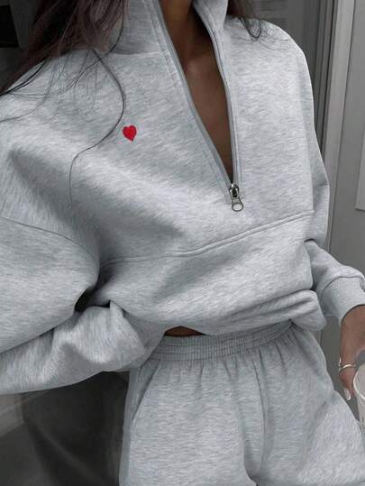 SHEIN x Carly Lawrence INAWLY 女士爱心刺绣拉链半开襟落肩长袖卫衣和抽绳运动裤休闲两件套