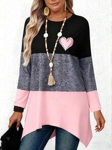 EMERY ROSE Contrast Color Round Neck Long Sleeve Heart Pattern Casual Top - Black - View 3