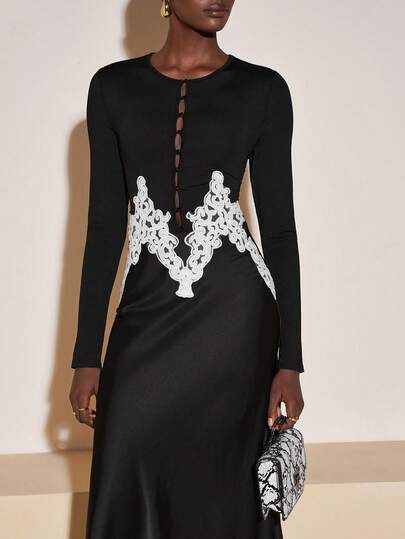 Zivah 20  Autumn/Winter New Arrival Music Festival, Easter, St. Patrick's Day, Western, Nomadic, Birthday Party, Graduation, College Style, Student, Daily Casual, Basic Versatile, Leisure, Vacation, Cruise Travel, Beach, Sunbathing, Viral , Streetwear, Wedding Guest Boho, Commute, Brunch, Airport, Party, Holiday Outing, Elegant Banquet Long Sleeve Crew Neck Button Design Waist Lace Patchwork Fish Tail Hem Knit Satin Patchwork Black Elegant Maxi Dress Elegant Floral Applique Dress Dress Black Black Dress Long Sleeve Dress Long Sleeve Dress Elegant