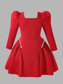 Elladie kids Girls Red Textured Knit Crew Neck Beaded Ruffle Hem Dress With Puff Sleeves, Fashionable And Elegant For Everyday, Gatherings And Parties - Red - View 2