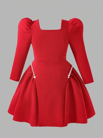 Elladie kids Girls Red Textured Knit Crew Neck Beaded Ruffle Hem Dress With Puff Sleeves, Fashionable And Elegant For Everyday, Gatherings And Parties Squishy