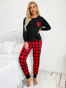Pocket Patched Tee With Gingham Print Trousers Pyjama Set - Multicolor - View 3