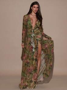 SHEIN BAE Váy cổ chữ V sâu in hoa gợi cảm thời trang dành cho nữ - màu xanh lá - Xem 6