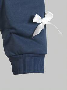 SHEIN Explorewe 2件套少女宽松不对称肩部撞色印花长袖上衣和阔腿裤套装，休闲百搭，适合日常、通勤、度假、外出、街头风格，秋冬季穿着。 - 藏蓝色 - 查看 4