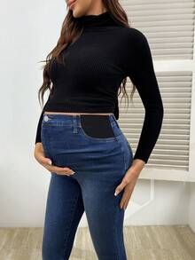 SHEIN Umstandsjeans mit Kontrastfarbe, Tasche und schmalem Bein mit Schlag - Dunkle Waschung - Übersicht 6