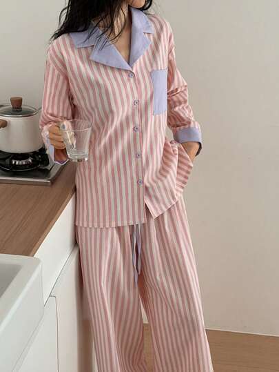 DAZY Gestreepte Contrast Patchwork Loose Women Pajama Set