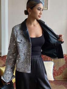 Livesso Autumn PU Leather Black Silver Sequin Patchwork Short Jacket,Elegant For Party Night,New Year,Christmas,Wedding,Fashion Event Women Coats Carnival - Silver - View 7