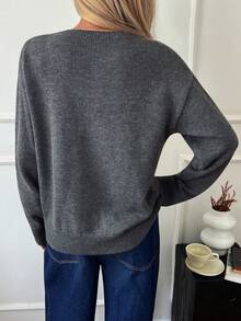 DAZY 休闲拼色亨利领套头衫，柔软针织二合一女式毛衣 - 深灰色 - 查看 2