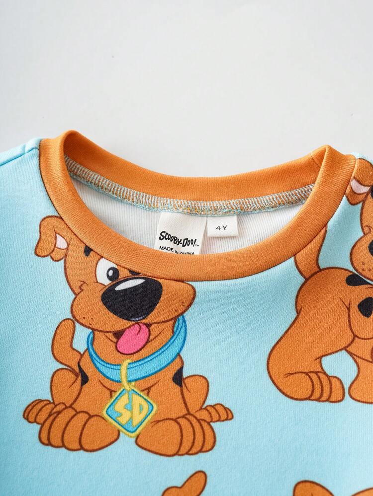 SCOOBY-DOO X SHEIN 2 peças/Conjunto Pijama de Malha com Estampa Completa de Cachorro Engraçado de Menino Jovem, Top de Manga Longa com Gola Redonda e Calça - Multicolorido - Visão 4