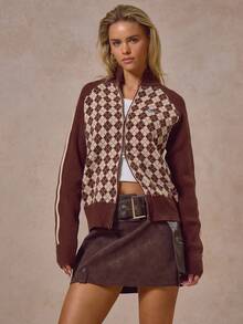 MUSERA Argyle Zip Through Funnel Neck Rib Knit Cardigan Autumn Winter Cool Streetwear Going Out Casual Everyday Knitwear - Multicolor - View 1