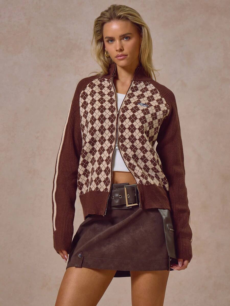 MUSERA Argyle Zip Through Funnel Neck Rib Knit Cardigan Autumn Winter Cool Streetwear Going Out Casual Everyday Knitwear - Multicolor - View 1