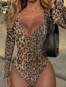 SHEIN Women's Fashionable Sexy Leopard Print Sequin Bodysuit
