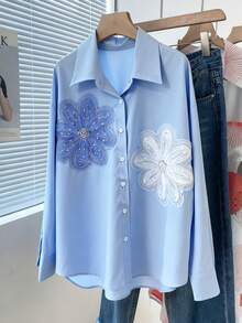 Resyla 宽松优雅蓝色串珠网纱花朵装饰女式衬衫，适合工作、夏季、沙滩和度假穿着。 - 藍色 - 查看 3