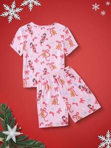 少女圣诞卡通印花睡衣套装 - 粉色 - 查看 2