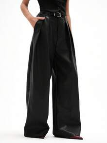 Aveloria Affinna 酒红色PU皮革褶皱宽松直筒腰带休闲时尚百搭女裤