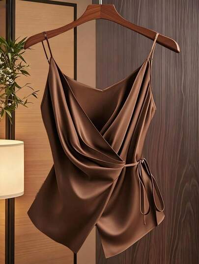 SHEIN PETITE 女士纯色吊带交叉裹身无袖休闲优雅背心