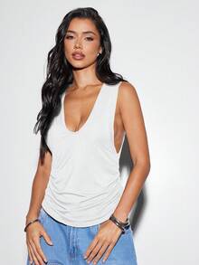 Denimoi Casual Scoop Neck Low Armhole Ruched Tank Top - White - View 4