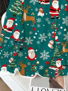 SHEIN Clasi Áo cánh tay bồng nhún bèo họa tiết cây thông Noel, người bánh gừng, kẹo gậy, ông già Noel, thời trang giản dị, phong cách Pháp cổ điển thanh lịch - Màu xanh lá cây đậm - Xem 3