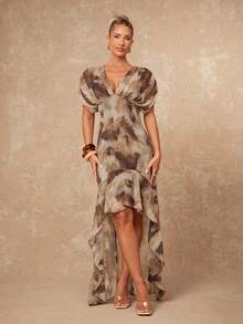 Lumalex VITNOS Women's Grey And Pink Mixed Animal-Print Chiffon Deep V-Neck Puff-Sleeve High-Low Ruffled-Hem Summer Boho Vacation Elegant Luxury Maxi Dress - Multicolor - View 4