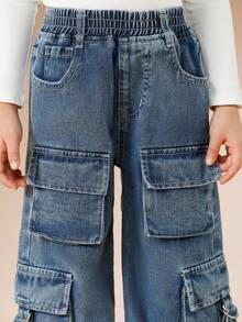 SUMWON Wide Leg Cargo Denim Jeans With Multiple Patch Pockets For Kids - Dark Wash - View 5