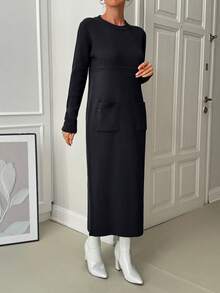 EURMUSE 女士纯色圆领带口袋细节长款毛衣连衣裙 - 黑色 - 查看 5