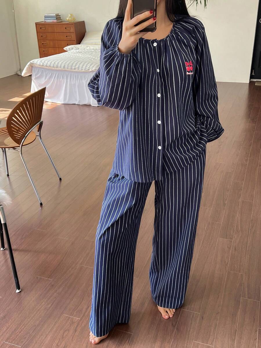 DAZY 条纹樱桃图案褶皱灯笼袖女士睡衣套装,冬季服装 - 藏蓝色 - 查看 1