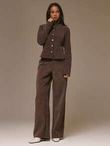 MUSERA High Night Suede Look Fitted Seam Detail Popper Button Through Jacket Cool Girl, Streetstyle, Cute, , , Winter Spring - Coffee Brown - View 6