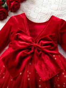SHEIN Elegantes rotes Samtkleid mit Netzärmeln für Kleine Mädchen - Rot - Übersicht 8