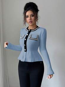 Elenzga Women's Fashionable Elegant Ribbed Contrast Color Pearl Cardigan - Blue - View 3