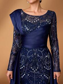 Serin Váy maxi dài đuôi cá tay dài bằng vải satin đính cườm và sequin sang trọng, thanh lịch, có viền xòe, thích hợp cho đám cưới, tiệc tùng, kỳ nghỉ, dạ tiệc, tiệc chia tay cuộc sống độc thân, váy dạ hội cho mẹ cô dâu - Màu xanh hải quân - Xem 4