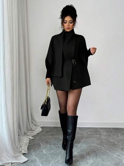 Elenzga Damen Mode Khaki Umhang Schal Gürtel Dekor Jacke