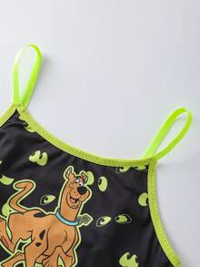 SCOOBY-DOO X SHEIN 大码女士卡通狗字母图案荧光青柠撞色包边文胸和内裤套装 - 黑色 - 查看 4