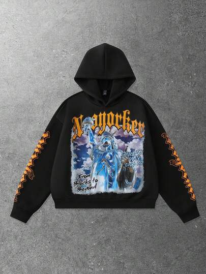 Street Life Herren lässige, locker geschnittene Hoodie mit Schulterausschnitt, mit Freiheitsstatue- und Buchstabe Muster, für Herbst/Winter