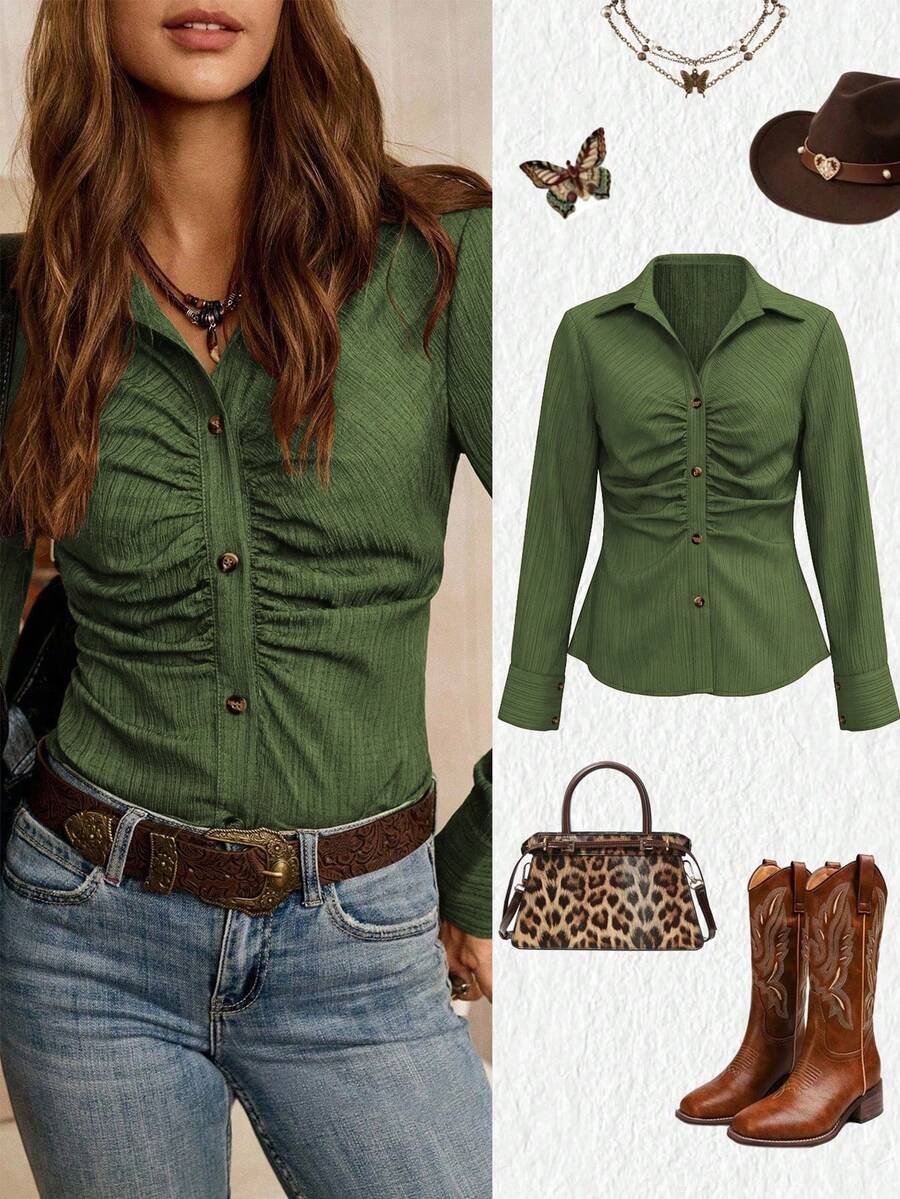 LanaWest Women's Army Green Bohemian Textured Lapel Neck Long Sleeve Front Ruched Shirt,Autumn Country Western Concert Single-Breasted Elegant Teacher Blouse - Army Green - View 1