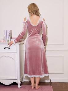 SweetSlumber Women's Elegant Romantic Contrast Color Lace Ruffle Trim Hollow Out Tie Front Deep V Neck Loose Comfortable Velvet Sleep Dress, Fall & Winter - Pink - View 2