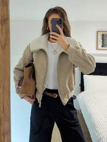 Easowa Women's Solid Color Minimalist Everyday Zip-Up Long Sleeve Faux Fur Jacket - Khaki - View 3