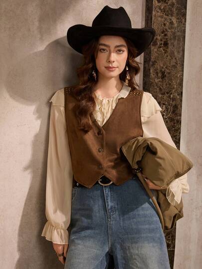 Wildy Casual Country Style Women's Sleeveless Rivet Vintage Vest, For Daily Basic, Spring/Summer/Autumn/Winter