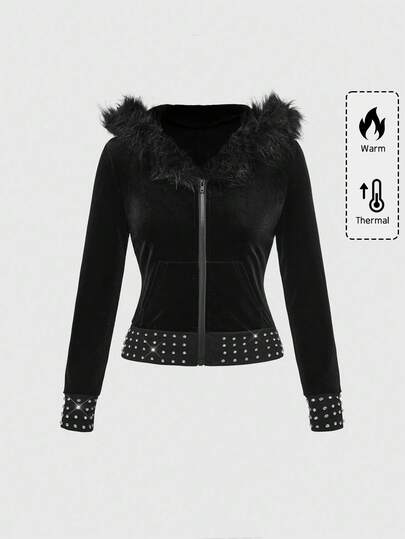 Grunge Punk Y2K Sexy Slim Fit Velvet Hooded Sweatshirt With Rhinestone Embellishment For Women