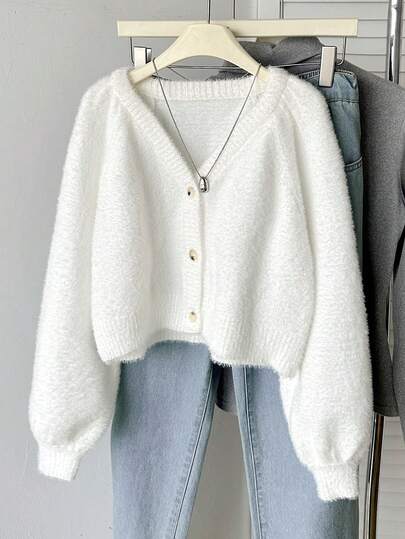 SHEIN Tween Girl Raglan Sleeve Fluffy Knit Cardigan