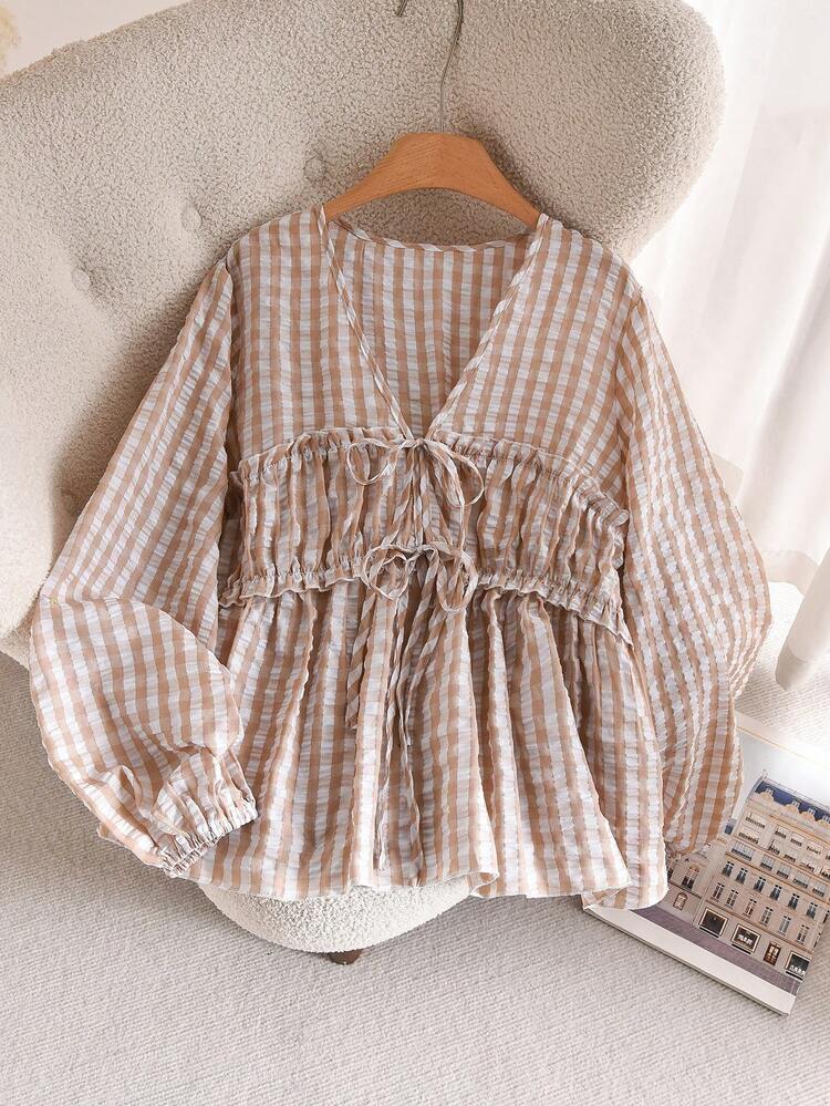 CosyJoli Plus Size Women Plaid Front Tie Lantern Sleeve Frill Trim Shirt - Apricot - View 1
